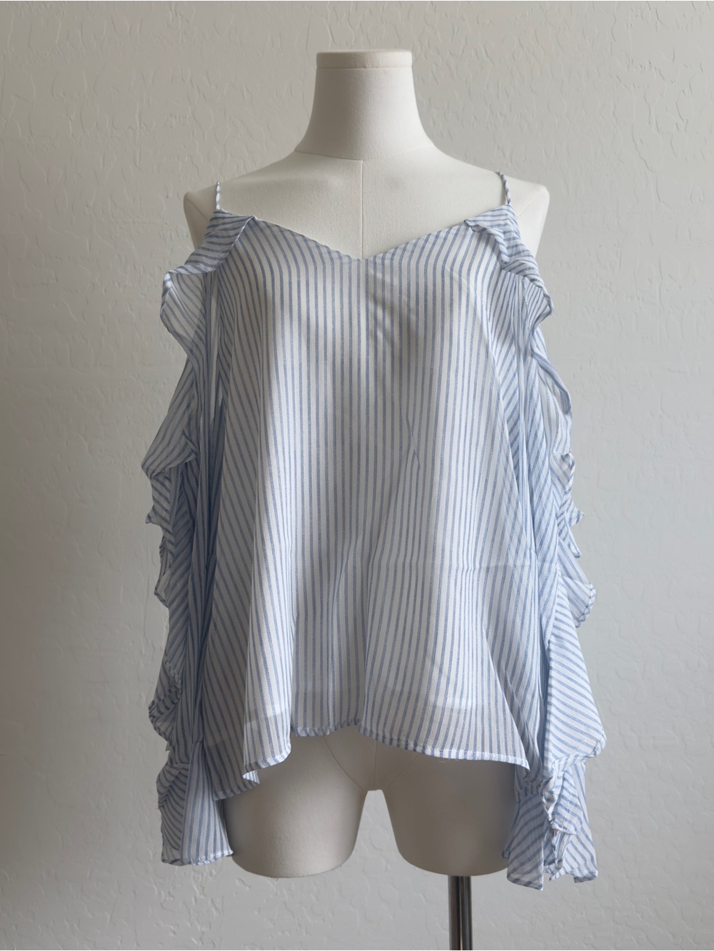 essue Light Blue & White Striped Cold-Shoulder Ruffle Cami